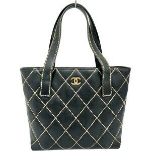 CHANEL Wild Stitch Tote Bag Shoulder Seal Handbag Leather Black